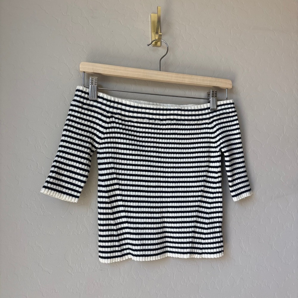 Eleven Six Striped Off‎ Shoulder Knit Sweater Top Navy White Pima Cotton Size S - Picture 3 of 7